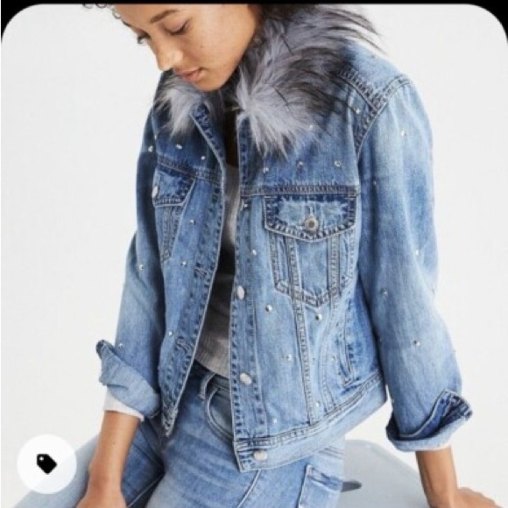 American Eagle Studded Jean Jacket with Faux Fur Collar